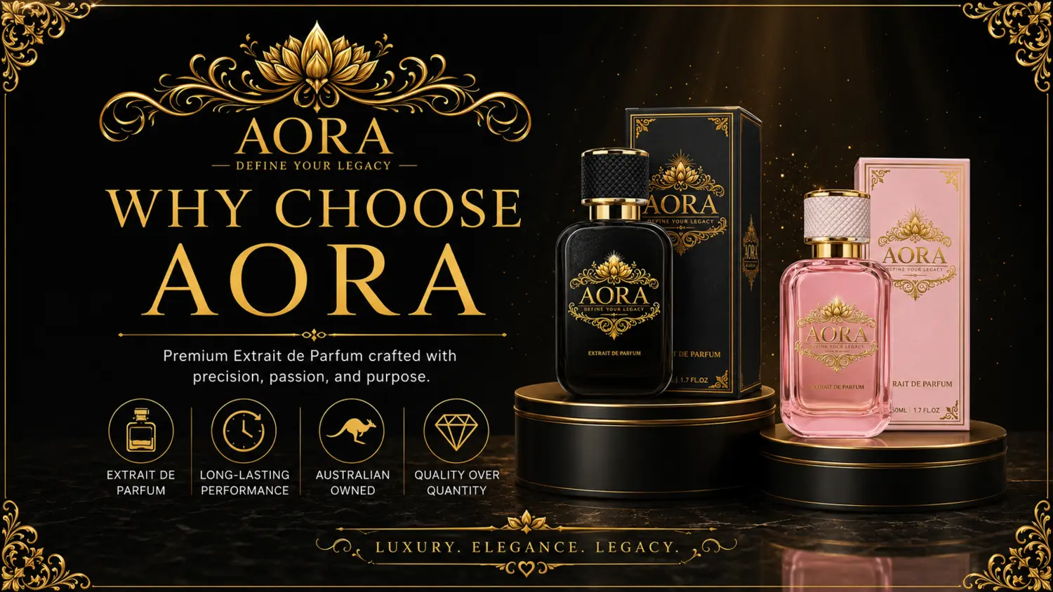 Why choose AORA: 30% fragrance oil, approximately 12–14 hours expected wear, Australian-owned and quality controlled