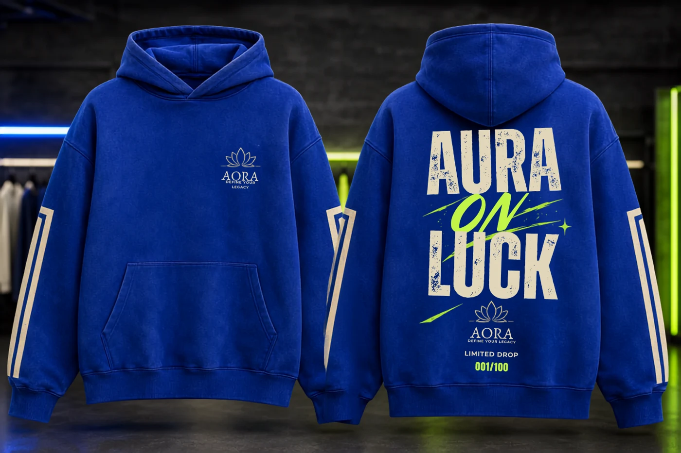 AORA Aura on Lock unisex hoodie in Royal blue, showing the supplied front and back design