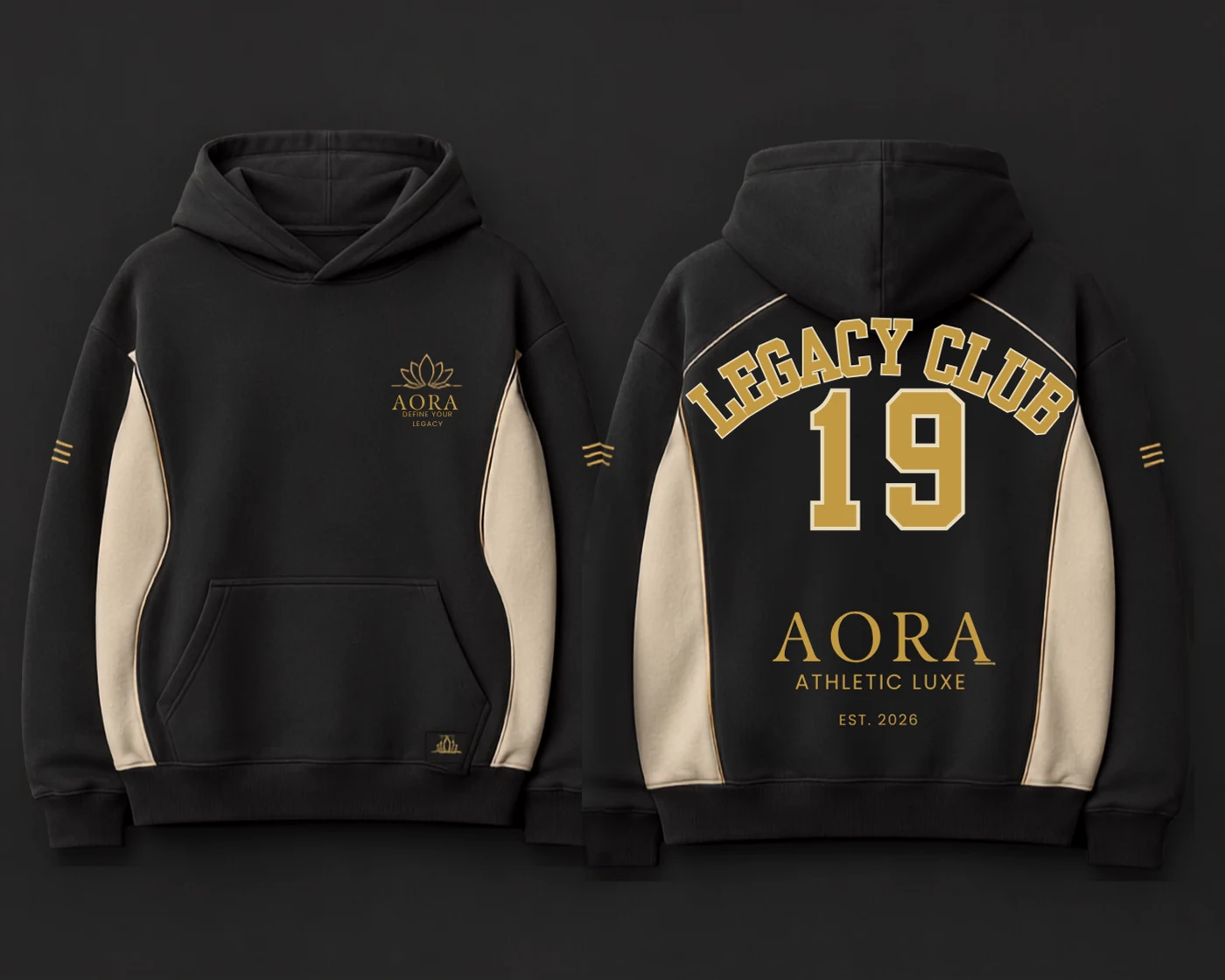 AORA Legacy Club 19 unisex hoodie in Black and cream, showing the supplied front and back design