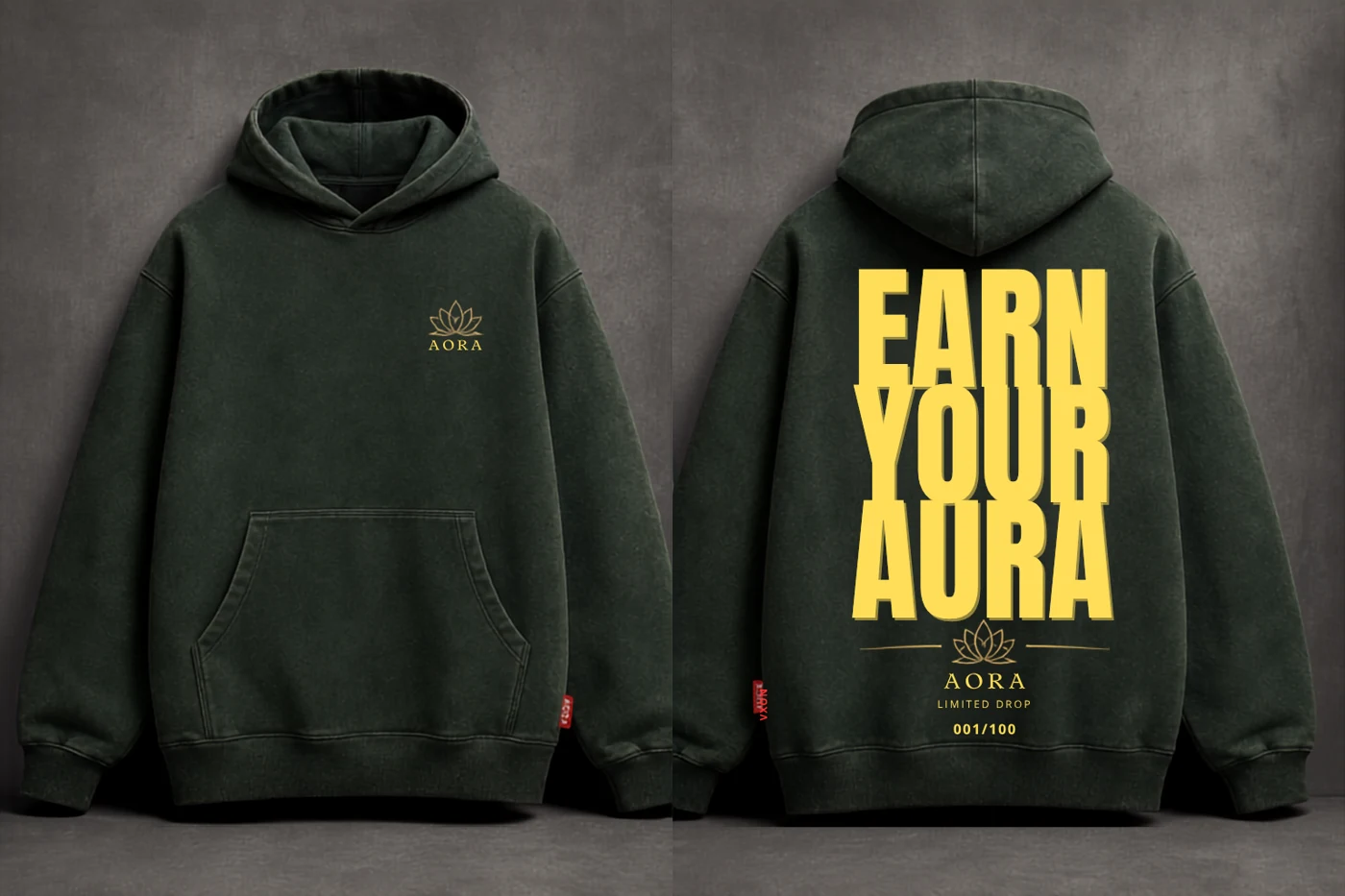 AORA Earn Your Aura unisex hoodie in Forest green, showing the supplied front and back design