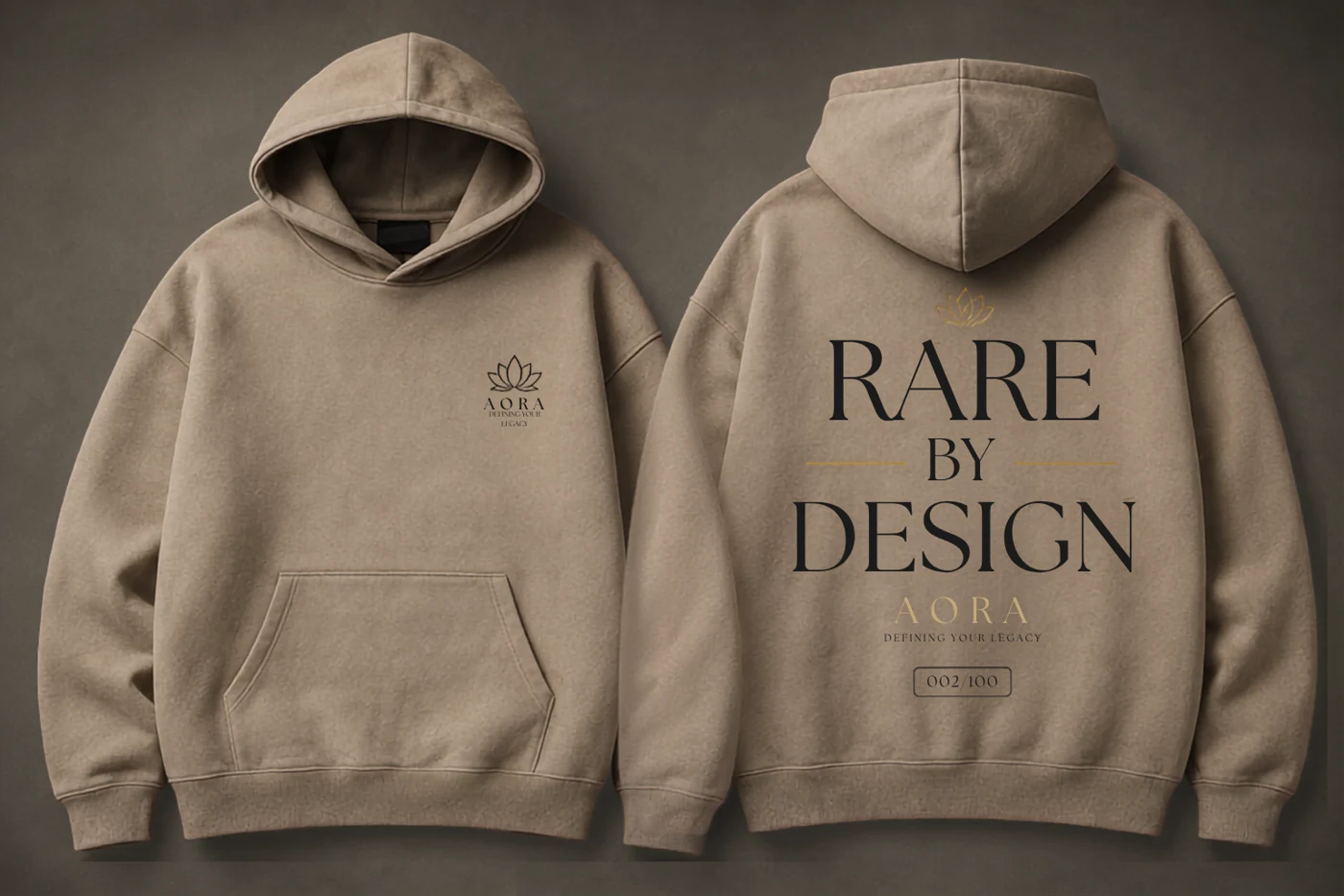 AORA Rare by Design unisex hoodie in Sand, showing the supplied front and back design