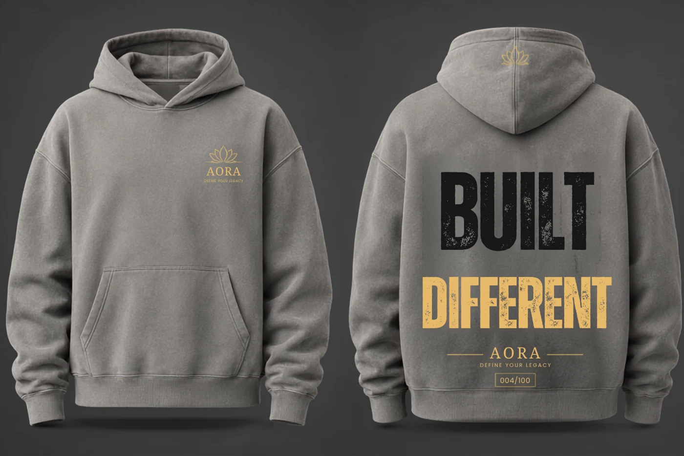 AORA Built Different unisex hoodie in Grey, showing the supplied front and back design