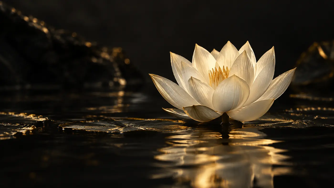 An ivory lotus rising from dark water, symbolising resilience and individuality