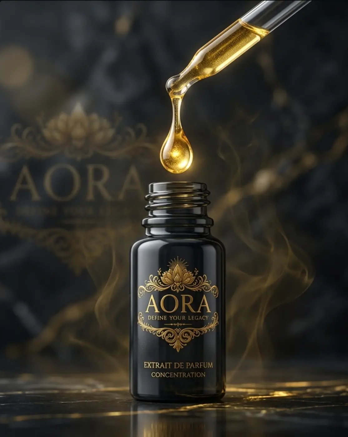 Golden fragrance concentrate being measured above an AORA bottle