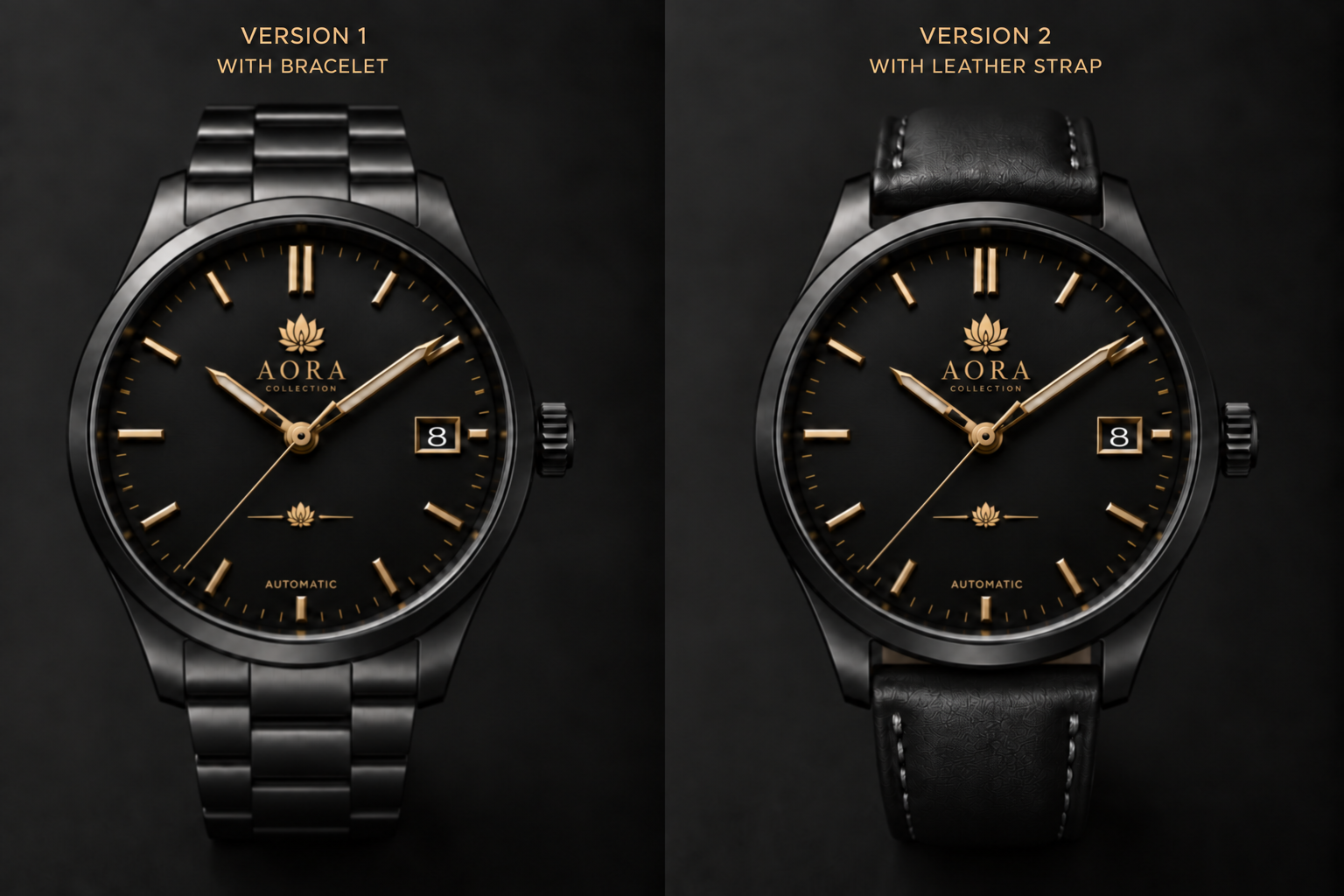 AORA future automatic watch concepts: Version 1 with bracelet and Version 2 with leather strap