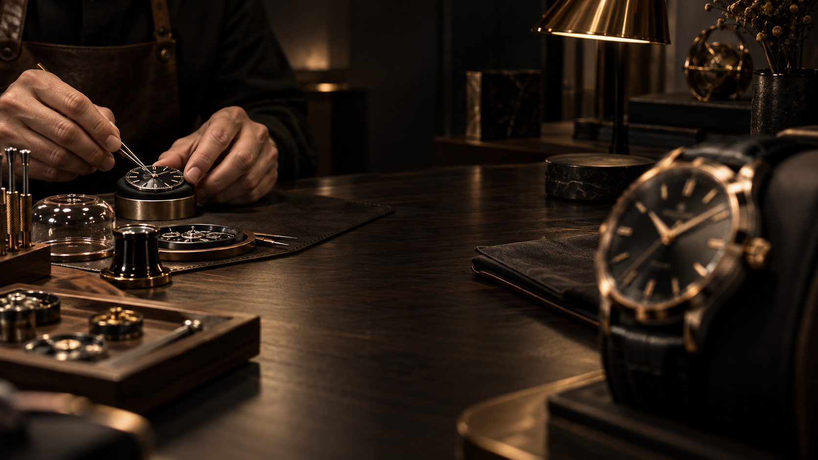 Watchmaker working on a future automatic watch in a luxury atelier