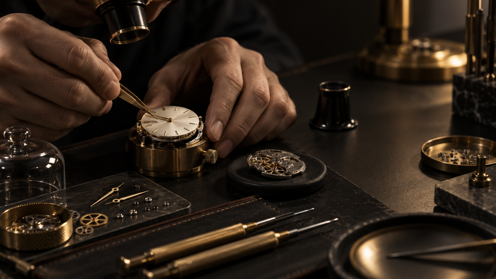 Close-up of a watchmaker hand-finishing a mechanical dial