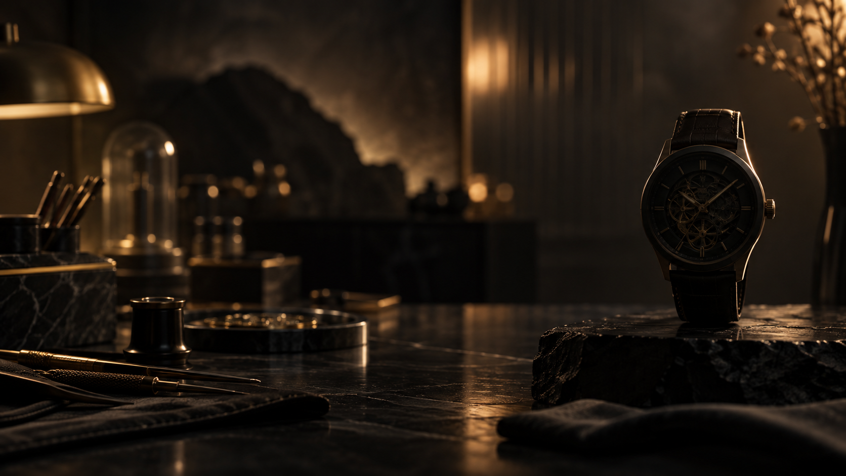 Future automatic watch concept in a dark luxury atelier